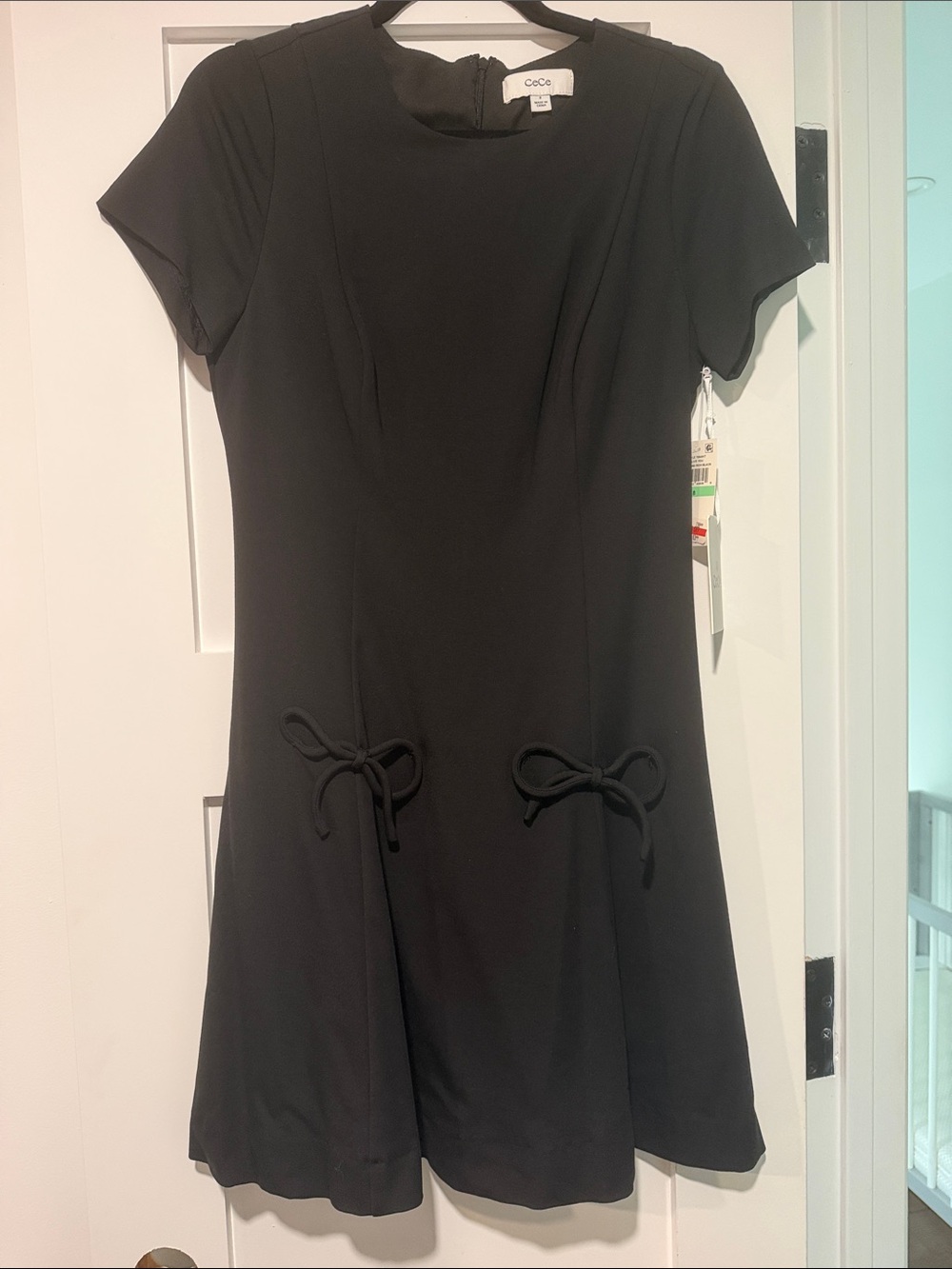 CeCe Black Short Sleeve Mini Dress with Front Tie Accents